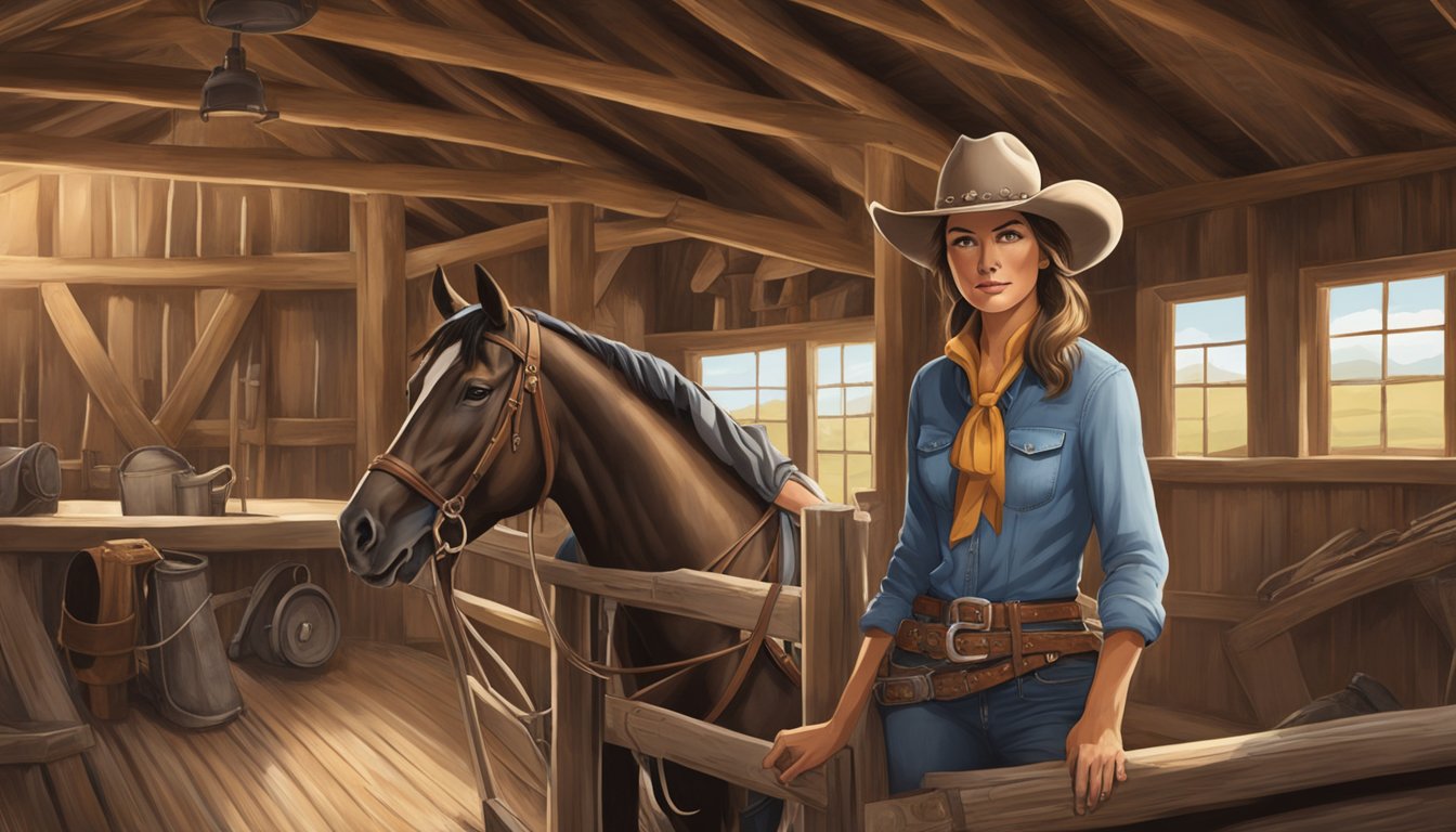 A woman in cowboy attire stands confidently in a rustic barn, surrounded by horses and ranching equipment