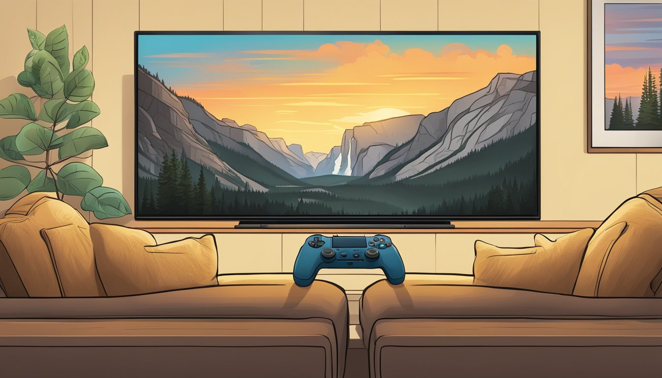 A remote control rests on a cozy couch, facing a large TV streaming the Yellowstone series