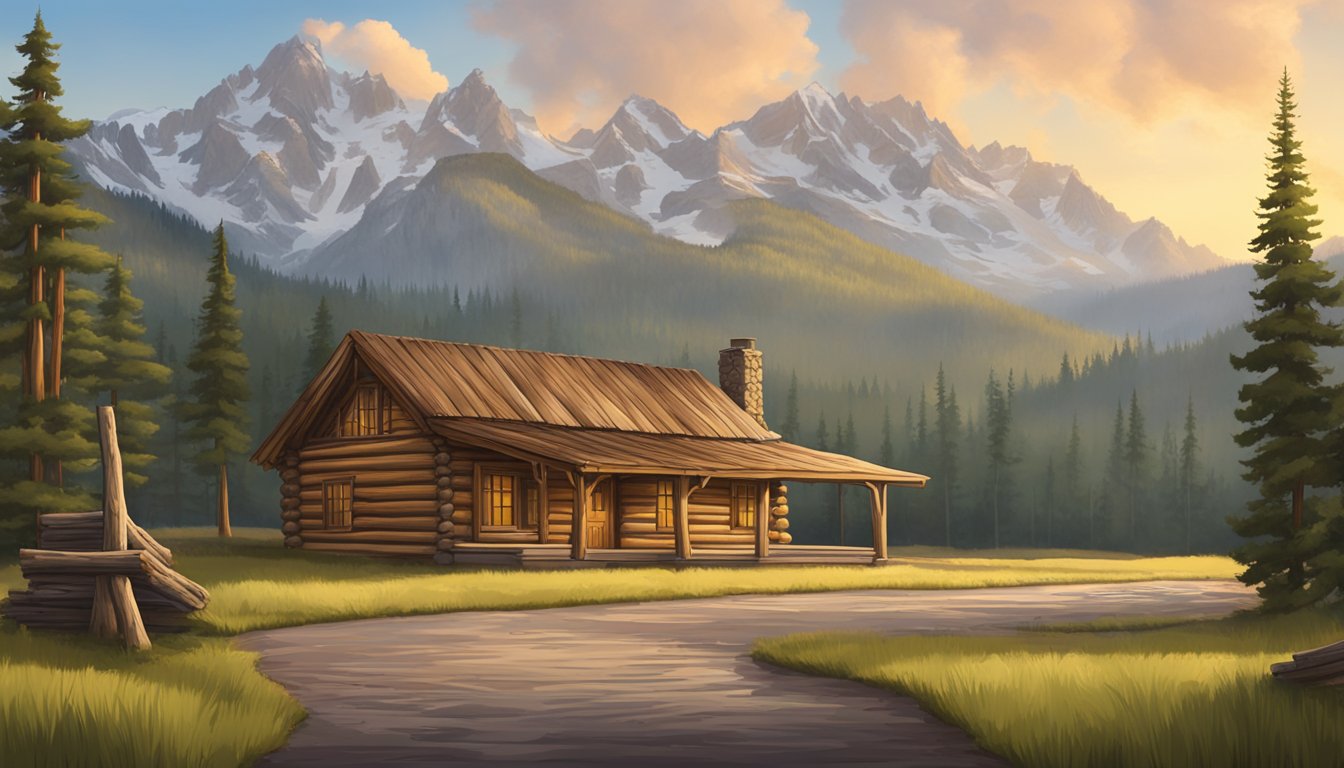 A rustic wooden sign with "Yellowstone" carved into it stands outside a grand log cabin, surrounded by lush greenery and a serene mountain backdrop