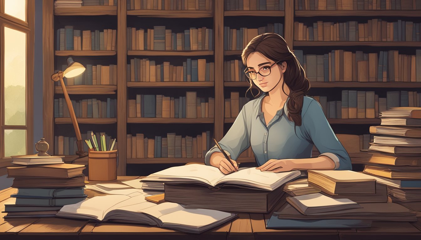 A young woman studying in a rustic library, surrounded by books and papers, with a determined expression on her face