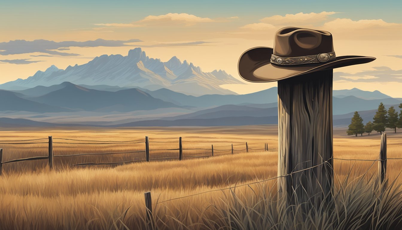 A lone cowboy hat rests on a weathered fence post, surrounded by vast open plains and distant mountains