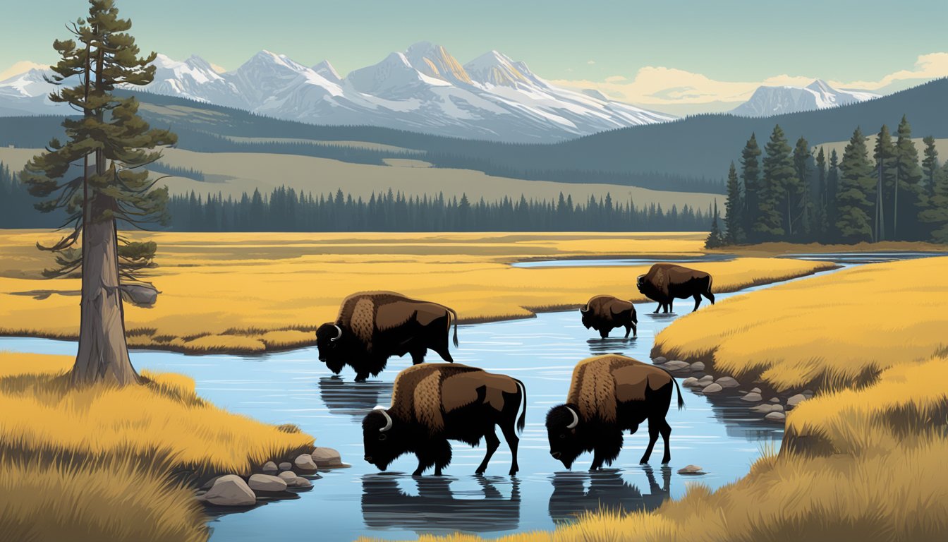 A family of bison grazing near a stream, with the iconic Yellowstone landscape in the background