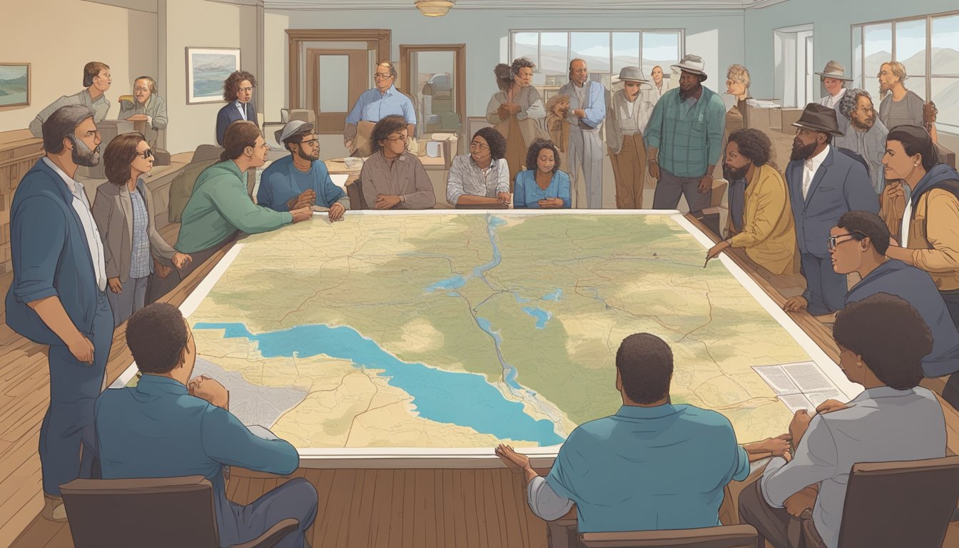 A group of diverse individuals gather around a map of Yellowstone, engaged in a heated discussion. The room is filled with tension and conflicting opinions