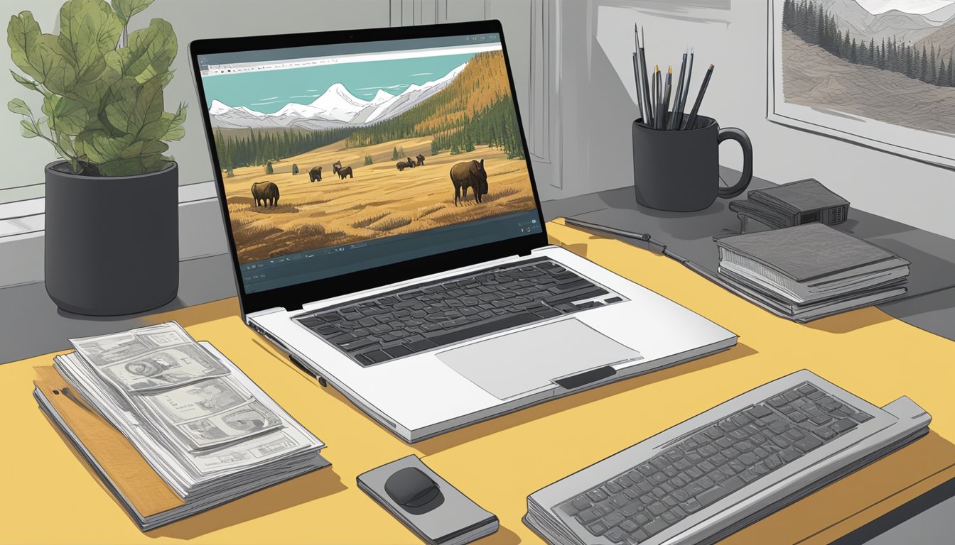 A laptop displaying the cover art of "Yellowstone" series with other works by the creators arranged around it on a desk