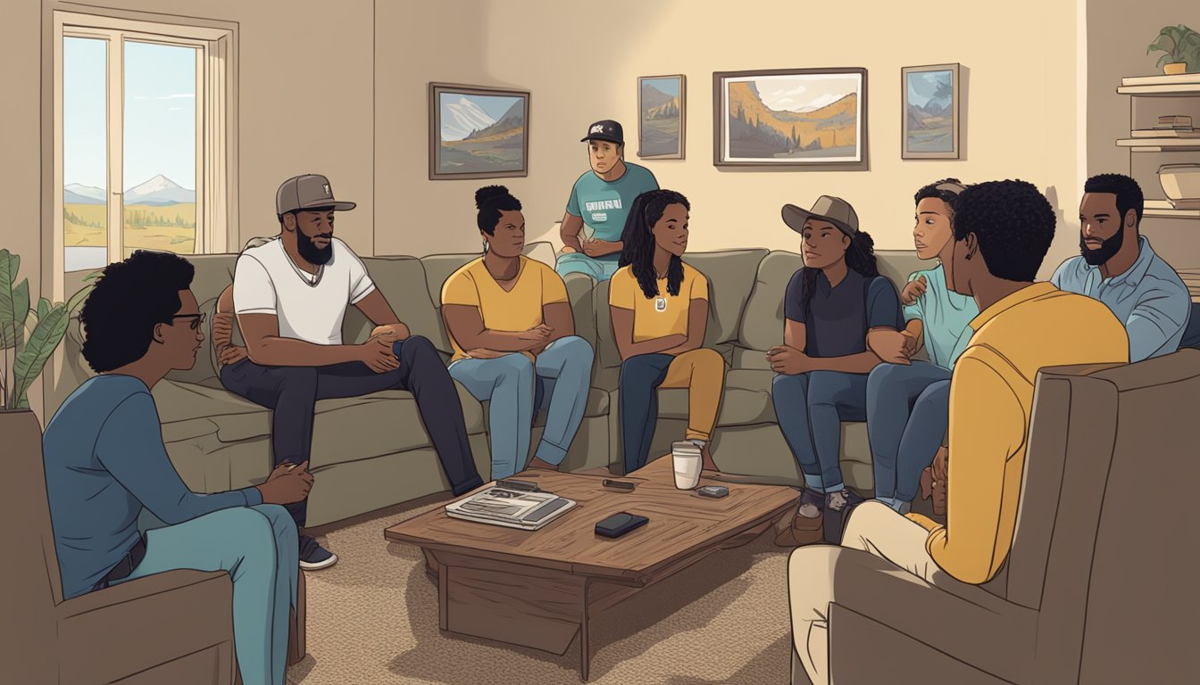 A group of diverse fans gathered around a TV, wearing Yellowstone show merchandise and discussing the latest episode