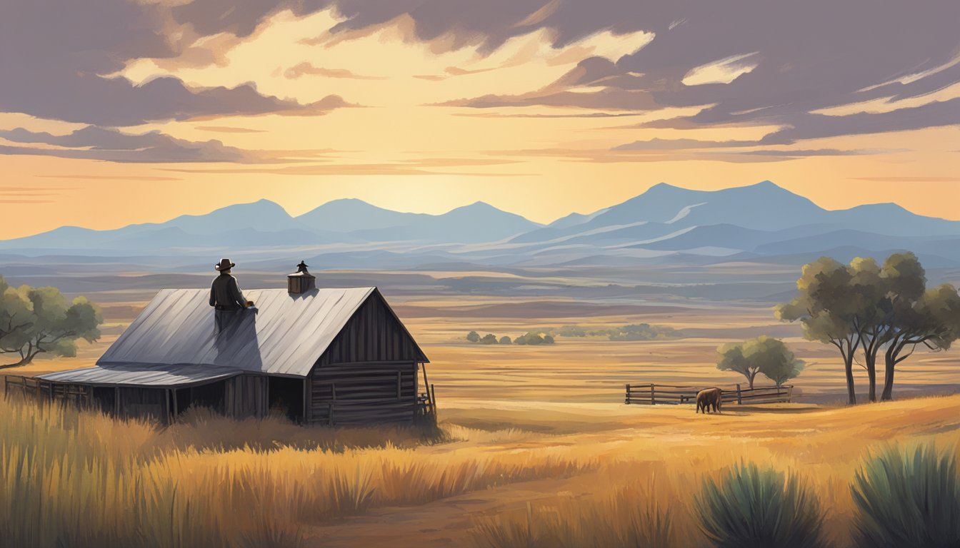 A lone figure stands confidently in front of a sprawling ranch, gazing out at the vast, open landscape of the American West