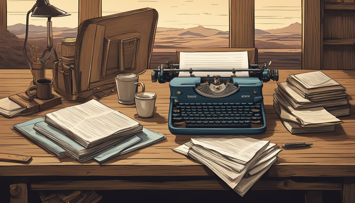 A rustic wooden desk with scattered papers, a typewriter, and a stack of books on the history of the American West