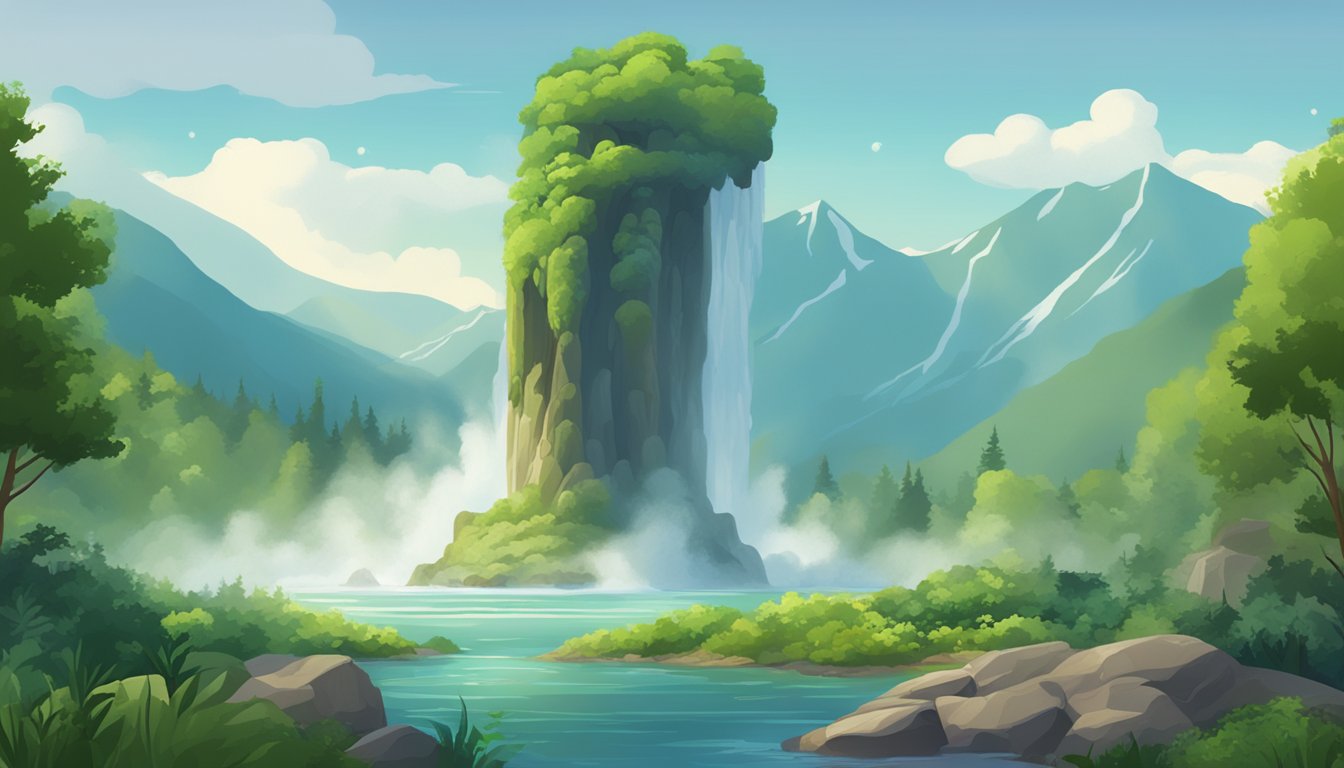 A bubbling geyser surrounded by lush greenery and towering mountains