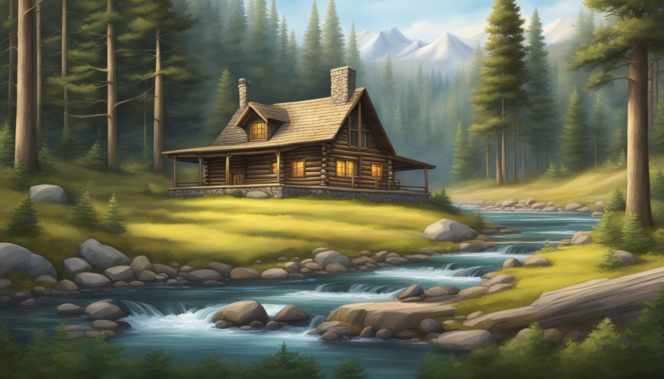 A rustic log cabin nestled in a remote forest clearing, surrounded by towering pine trees and a babbling brook