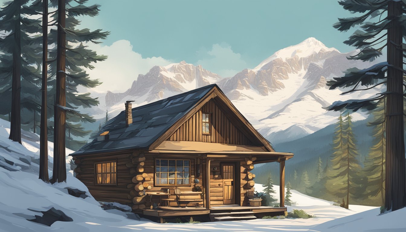 A rustic cabin with a typewriter and scattered papers, surrounded by towering pine trees and snow-capped mountains