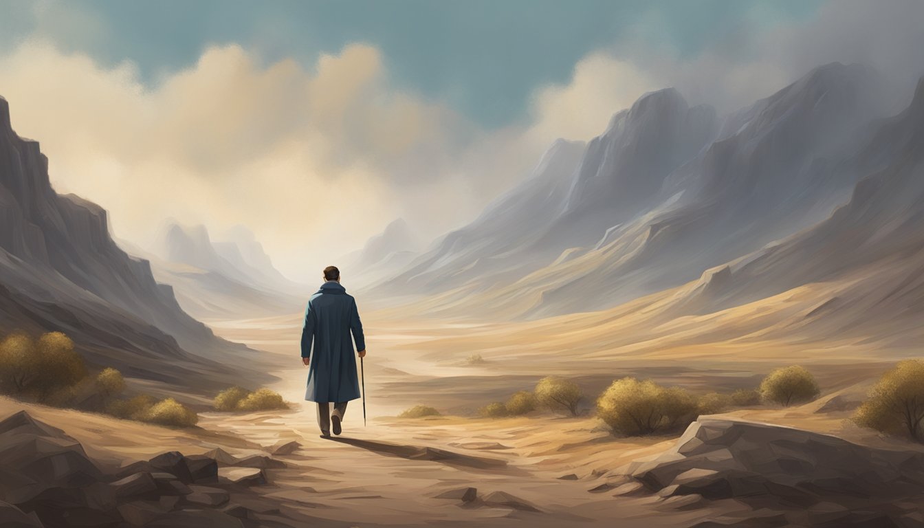 A lone figure walks away from a rugged landscape, leaving behind a trail of dust and uncertainty