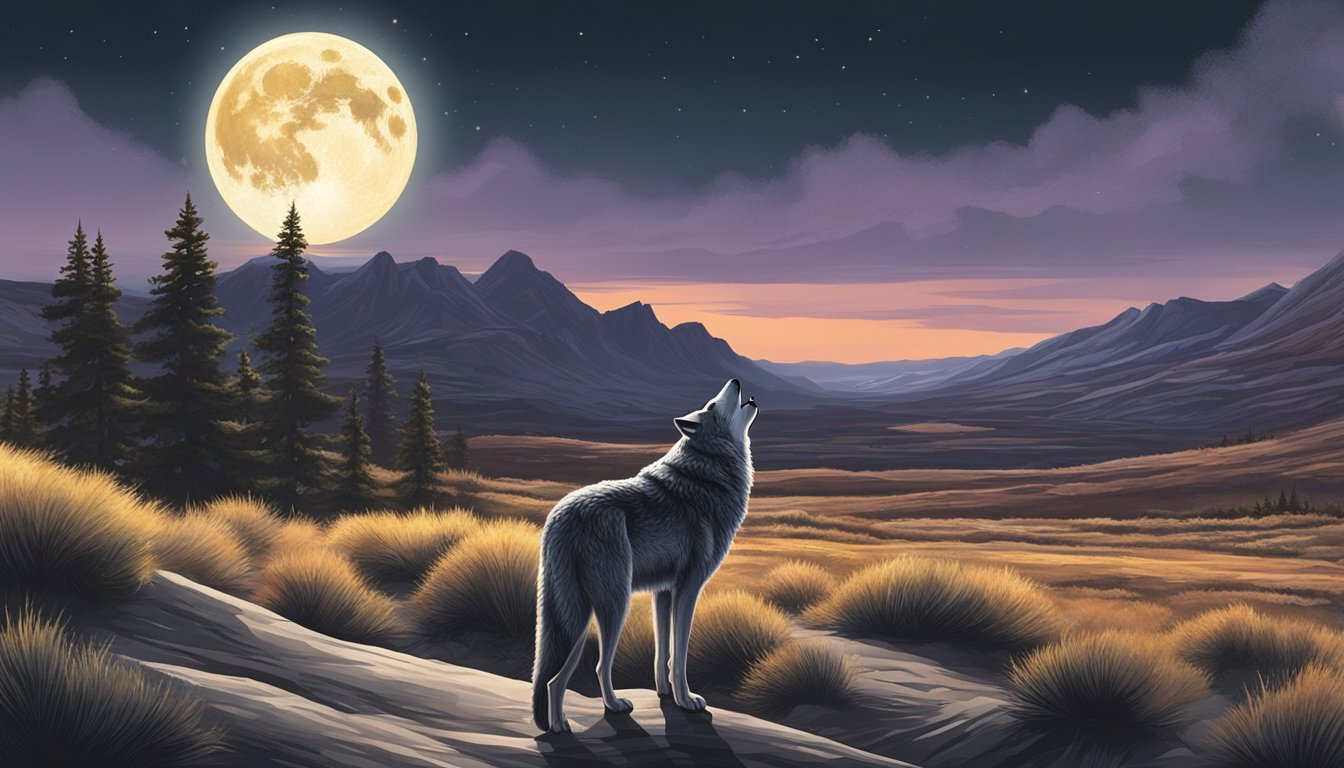 A lone wolf howling at the moon in a vast, rugged landscape