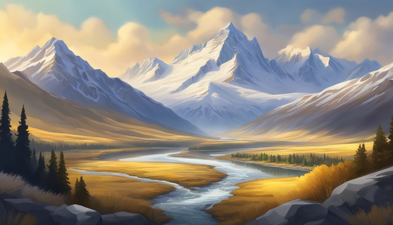 A majestic, snow-capped mountain towering over a sprawling, golden plain, with a river winding through the valley