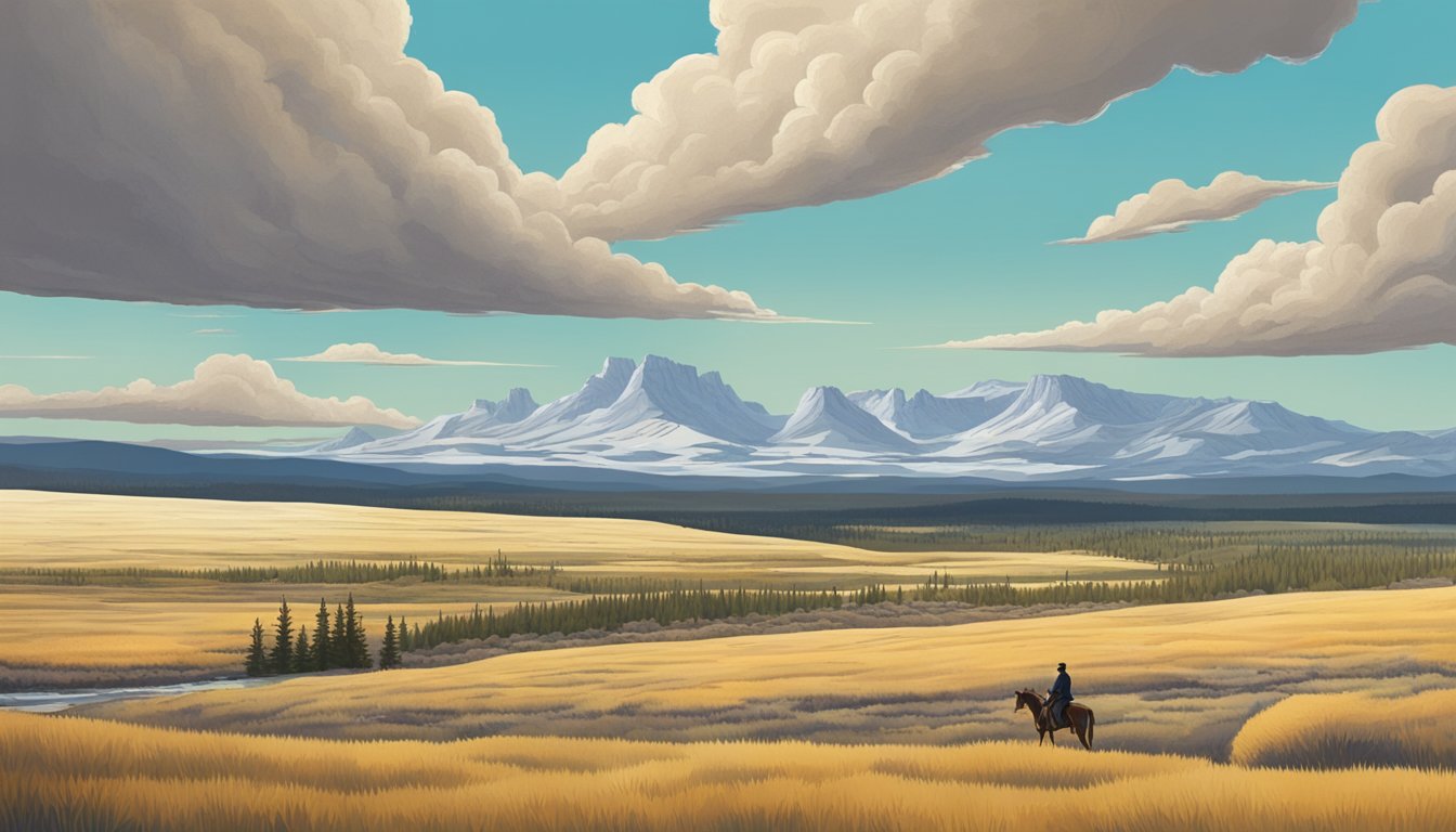 A lone figure rides off into the distant horizon, leaving behind the expansive Yellowstone landscape