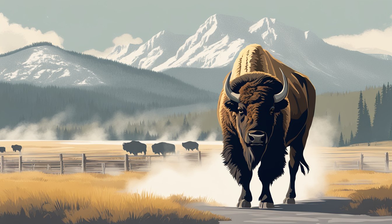 A majestic bison stands in front of the iconic Yellowstone National Park sign, with geysers and mountains in the background