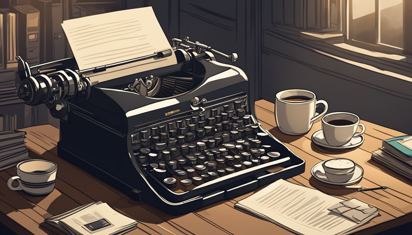 A vintage typewriter surrounded by scattered pages and a cup of coffee on a desk in a dimly lit room