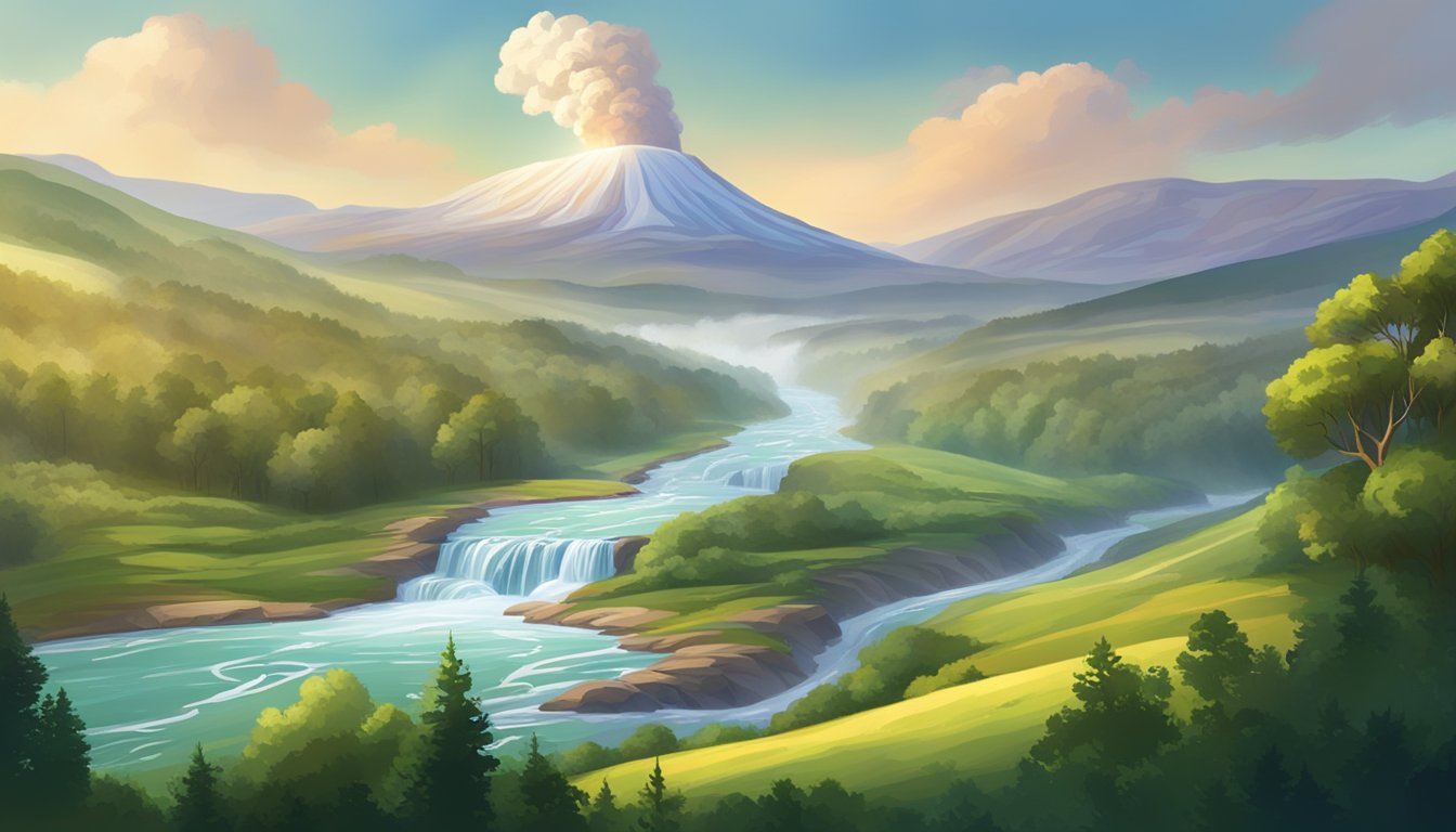 A majestic landscape of rolling hills, lush forests, and a powerful river flowing through a valley, with a prominent geyser erupting in the distance