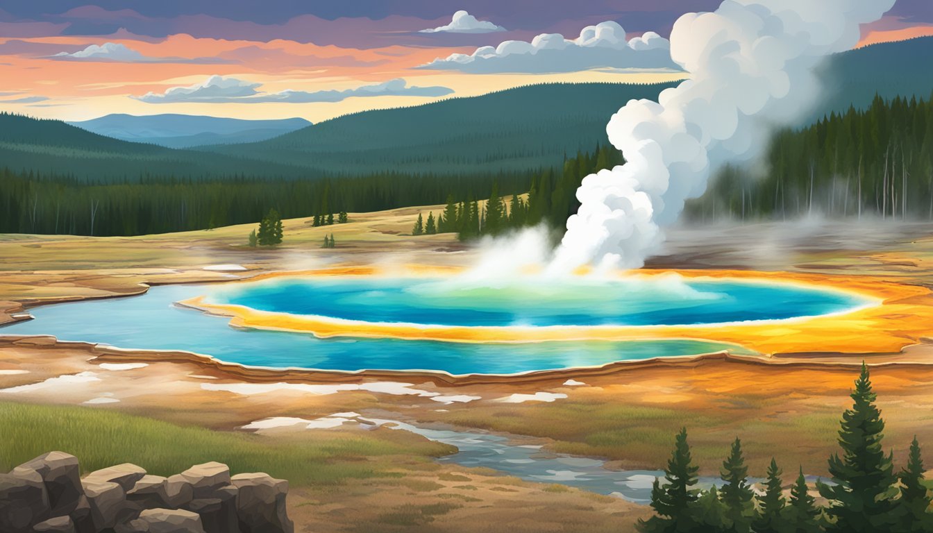 A lush, expansive landscape of Yellowstone National Park with iconic geysers and colorful hot springs, under a dramatic sky