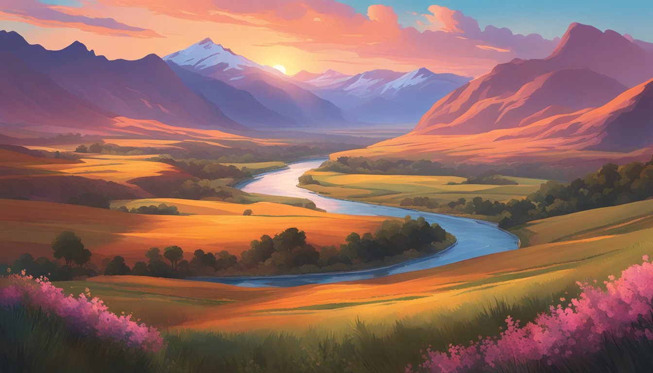 A vast, rugged landscape with rolling hills, towering mountains, and a winding river cutting through the valley. The sky is painted with vibrant hues of orange and pink as the sun sets behind the horizon