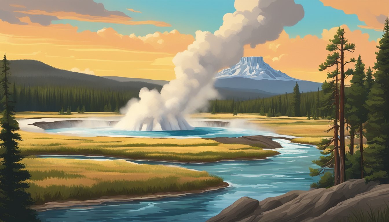 A dramatic landscape of the Yellowstone National Park with geysers erupting, lush forests, and a majestic mountain backdrop