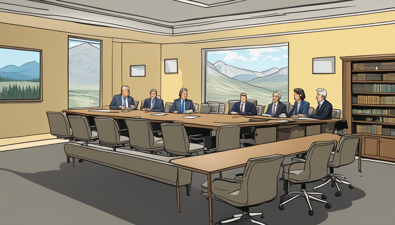 A meeting room with executives discussing ratings and budget concerns for the Yellowstone series