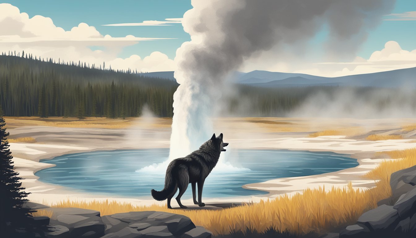 A lone wolf howling in front of a dramatic, steaming geyser in the wilderness of Yellowstone National Park