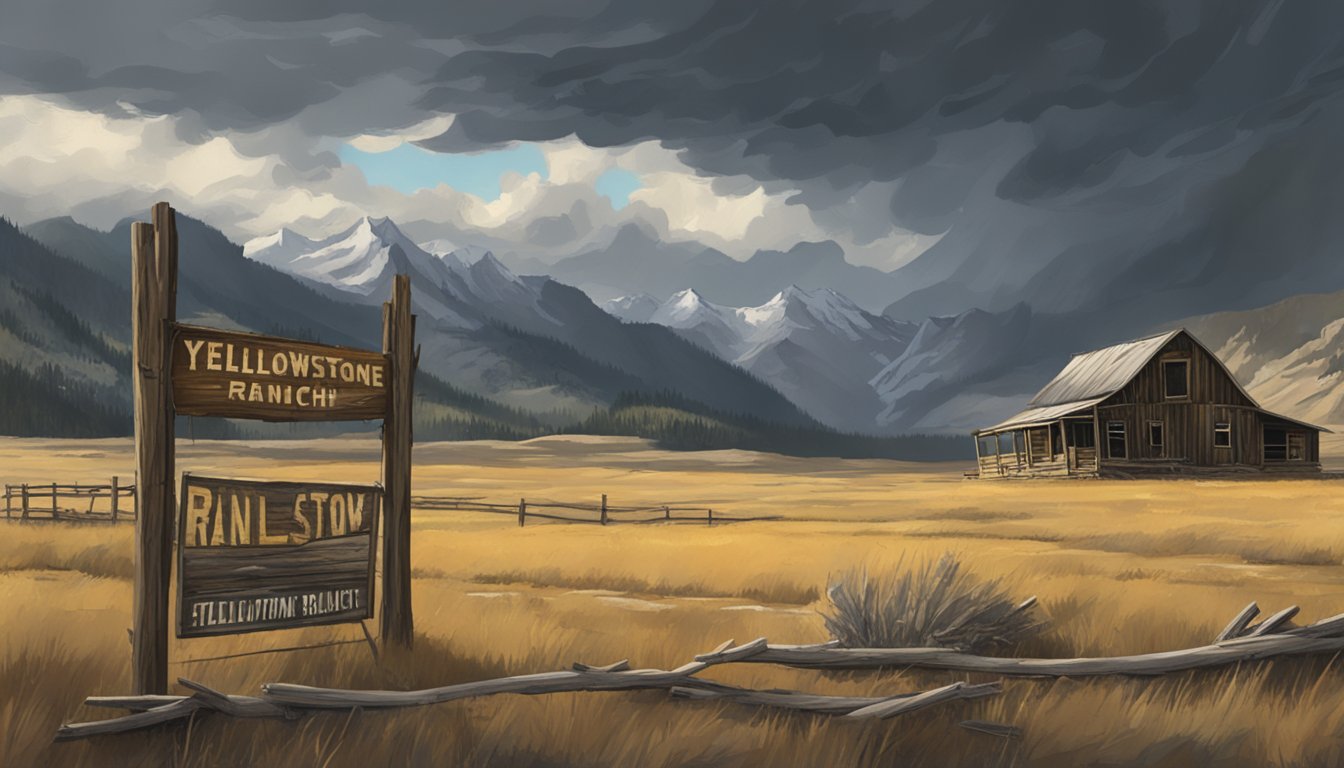 A desolate, abandoned ranch with a broken sign reading "Yellowstone" in the foreground, surrounded by rugged mountains and a stormy sky