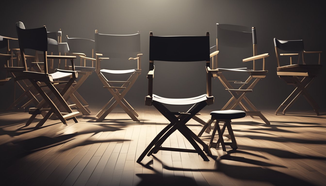 The empty set of director's chairs and scattered scripts in a dimly lit studio, with a somber atmosphere