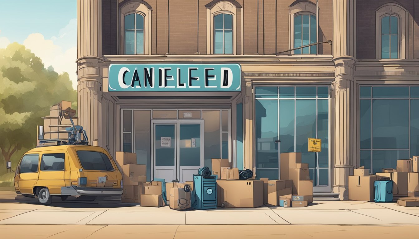 A deserted film set with equipment being packed up and a sign reading "Cancelled" on the door