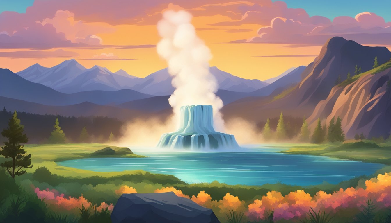 A dramatic landscape with a majestic and steaming geyser, surrounded by lush greenery and wildlife, set against a backdrop of rugged mountains and a colorful sunset