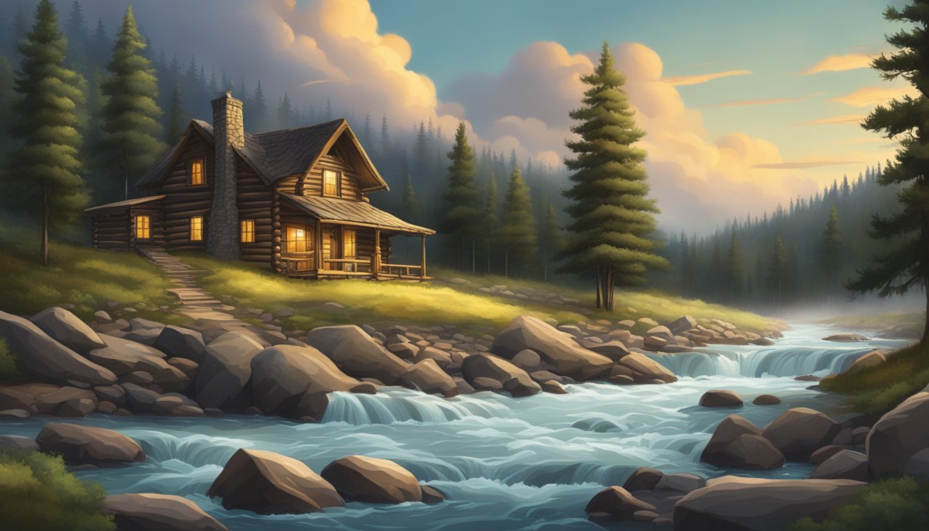 A rugged landscape with a dramatic sky, featuring a rustic log cabin and a roaring river, surrounded by towering pine trees