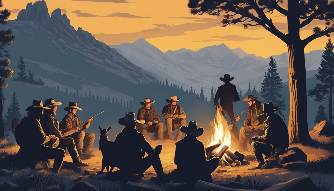 A group of iconic western animals gather around a campfire in the wilderness, with the silhouette of a lone cowboy in the background