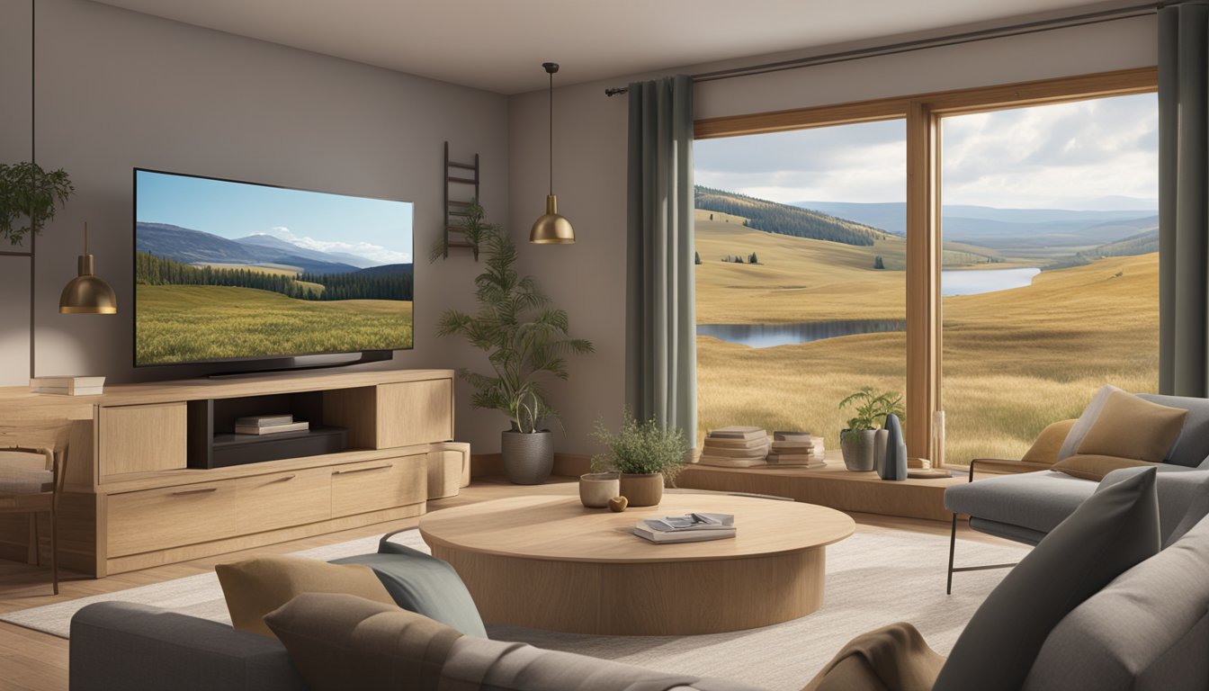 A cozy living room with a TV showing the Yellowstone series 4 on the My5 streaming platform, set against a backdrop of a British countryside landscape