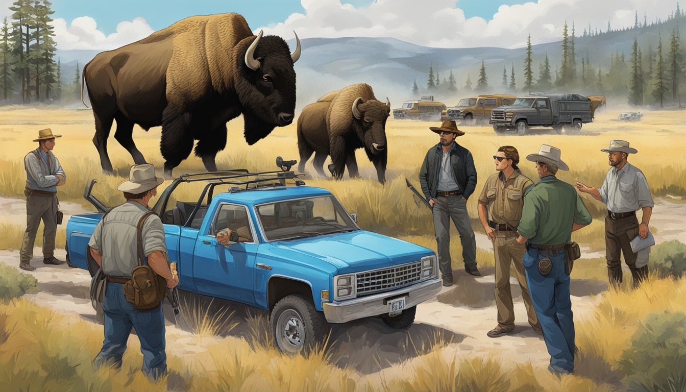 A group of characters from the Yellowstone series engage in intense discussions and confrontations, showcasing their complex and dynamic relationships