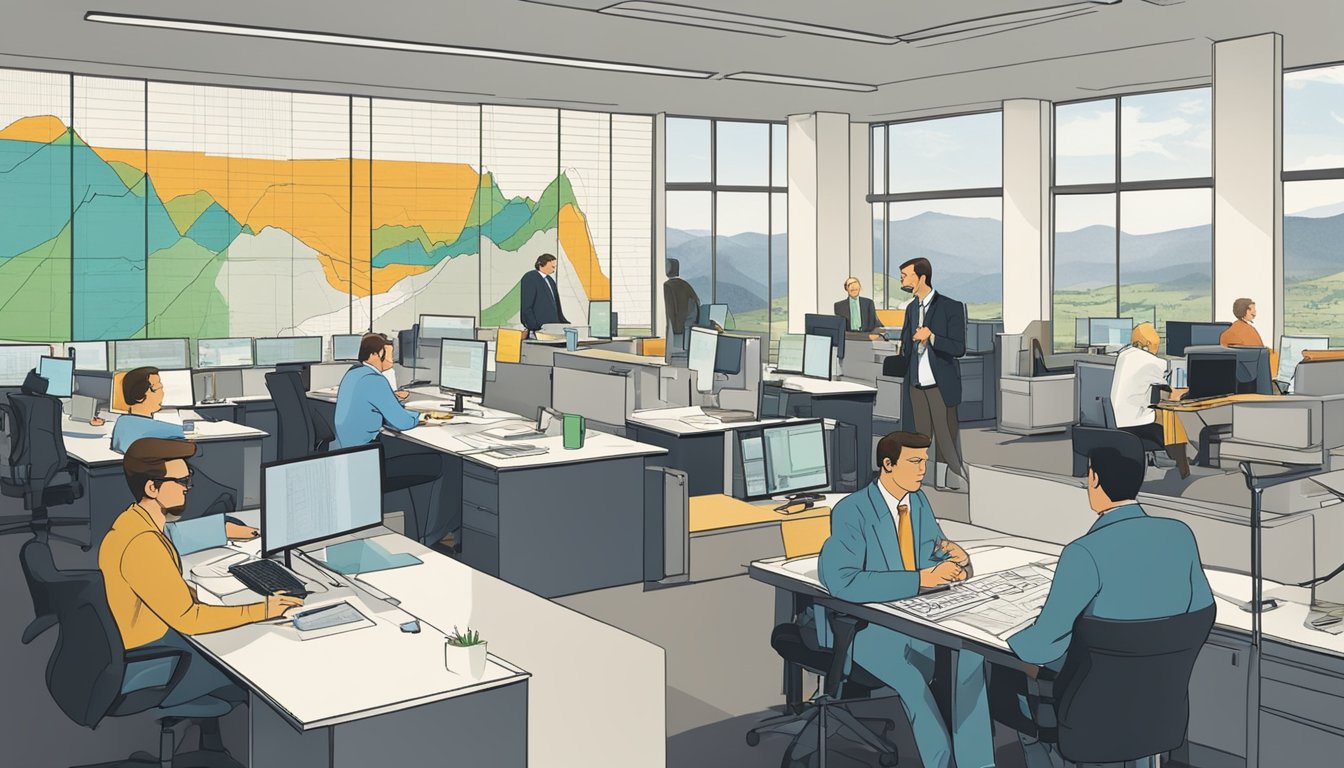 A bustling office with executives discussing the future of the Yellowstone series. Charts and graphs line the walls, conveying the importance of economic and business aspects in the decision-making process