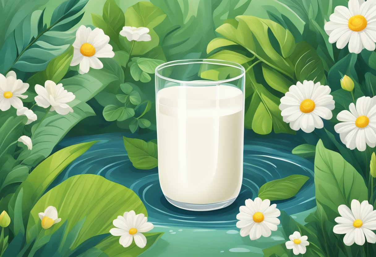 A glass of lactose-free milk surrounded by soothing, calming elements like a gentle stream and lush greenery