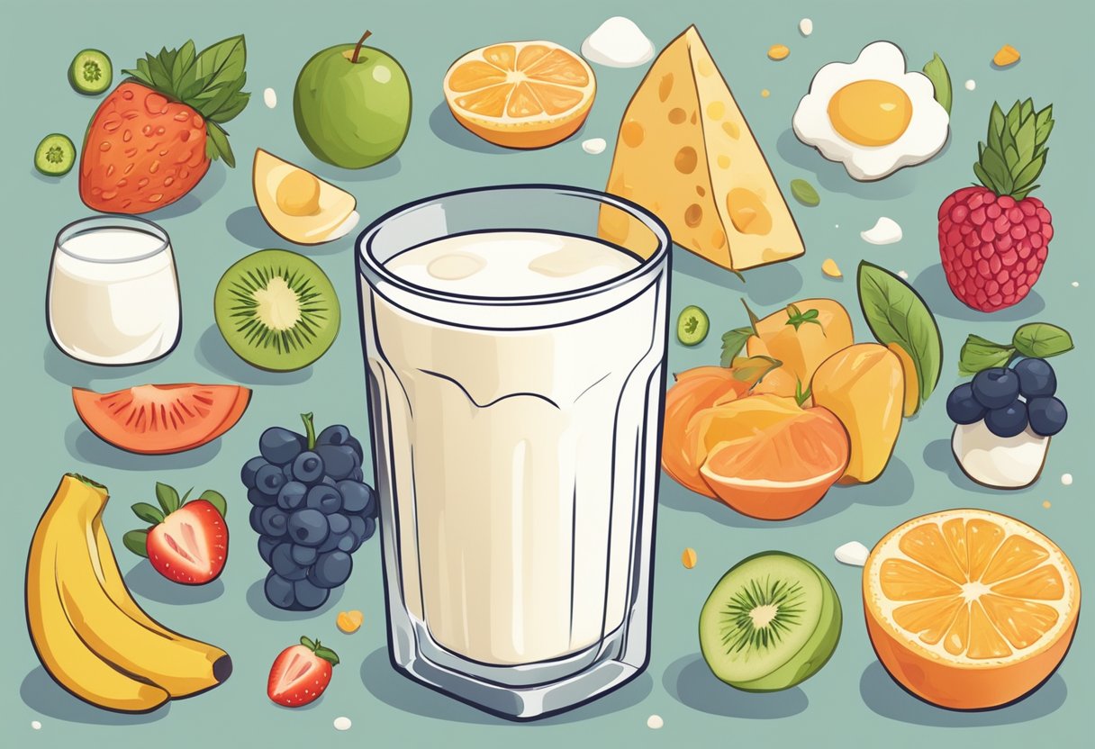 A glass of lactose-free milk surrounded by various healthy foods and a happy, calm stomach