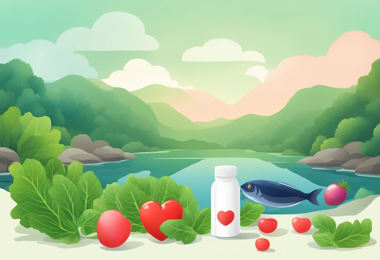 A serene landscape with a heart-shaped red fruit surrounded by green leafy vegetables and a bottle of fish oil capsules Top Supplements For Heart Health