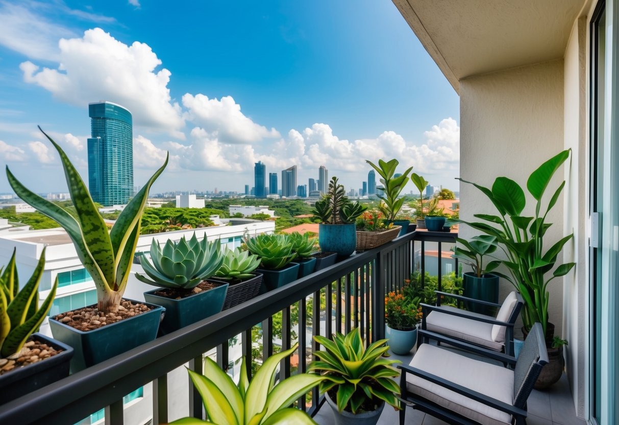 A cozy Cebu condo with a balcony garden filled with low-maintenance plants like succulents, snake plants, and peace lilies. The city skyline is visible in the background