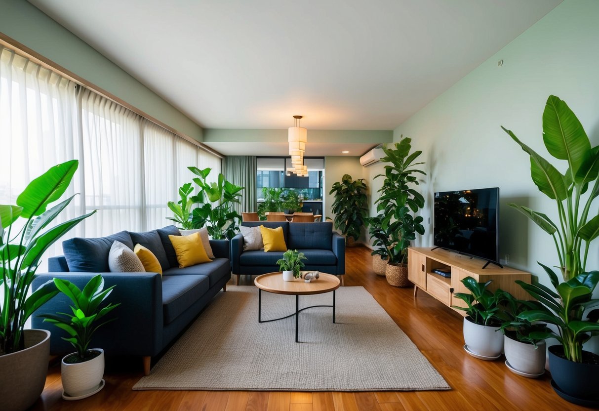 A cozy Cebu condo with a variety of thriving potted plants, positioned strategically around the living space to maximize natural light and create a green oasis