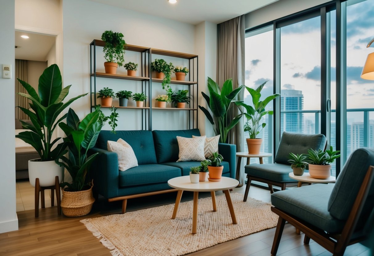 A cozy Cebu condo living room with a variety of potted plants placed strategically on shelves and tables, adding a touch of nature to the modern space