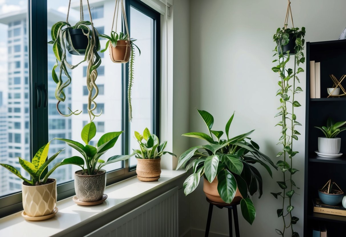 A cozy Cebu condo with hanging pothos and snake plants on a sunny windowsill, a compact fiddle leaf fig in a corner, and a cascading spider plant on a bookshelf