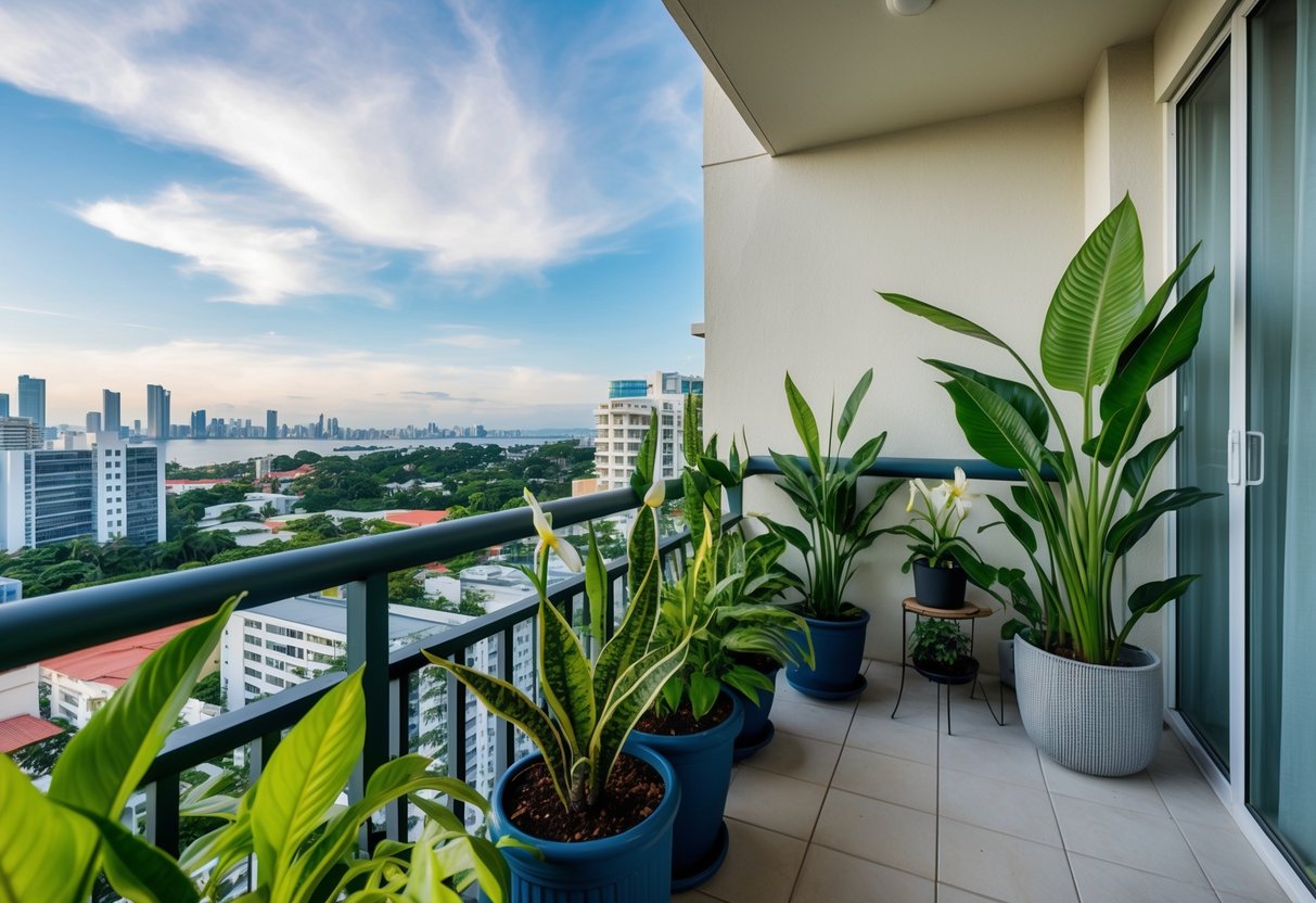 A cozy Cebu condo with a balcony garden filled with low-maintenance plants like snake plants, peace lilies, and spider plants. The city skyline can be seen in the background