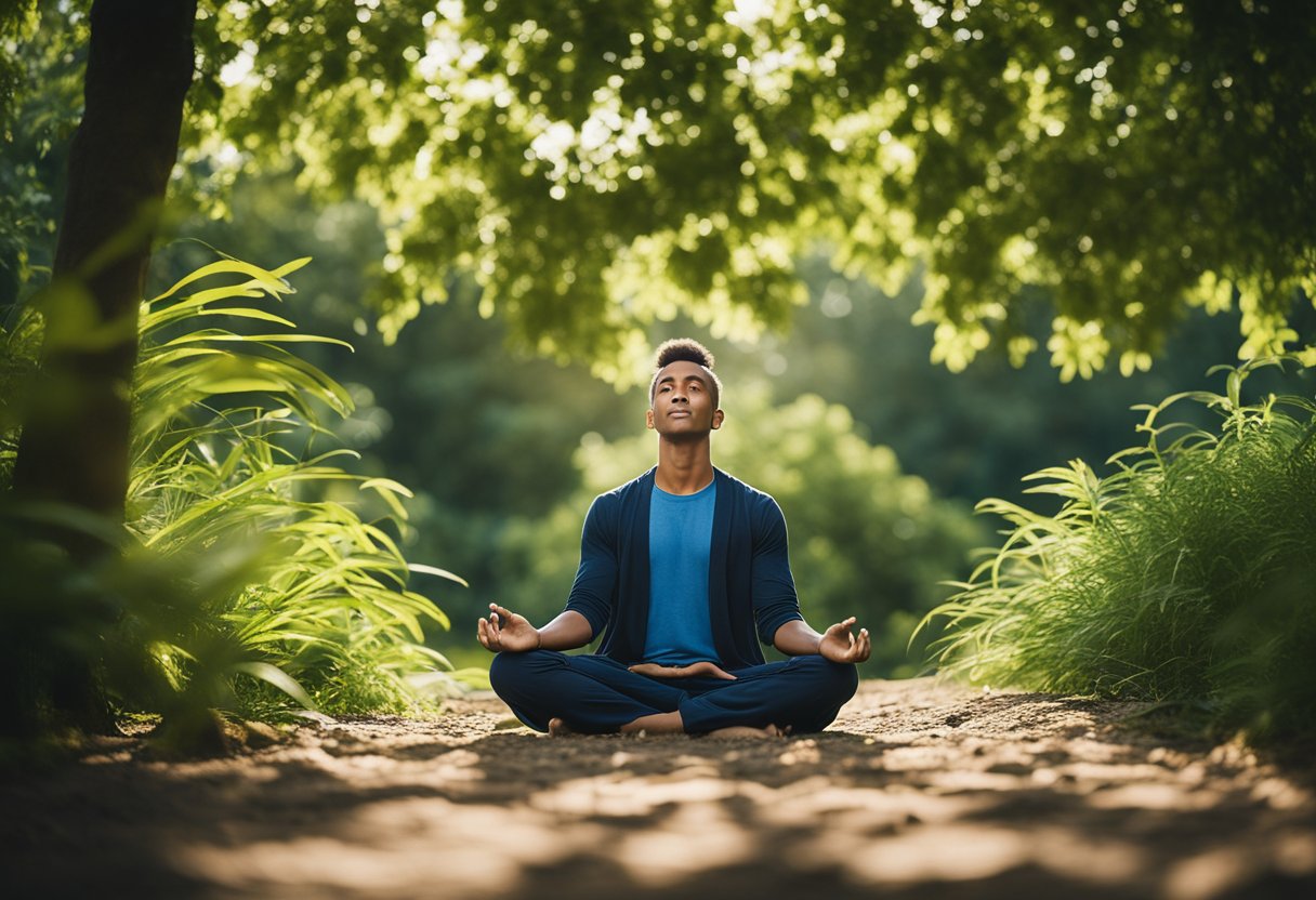 A figure meditating in a peaceful, natural setting, surrounded by vibrant greenery and clear blue skies