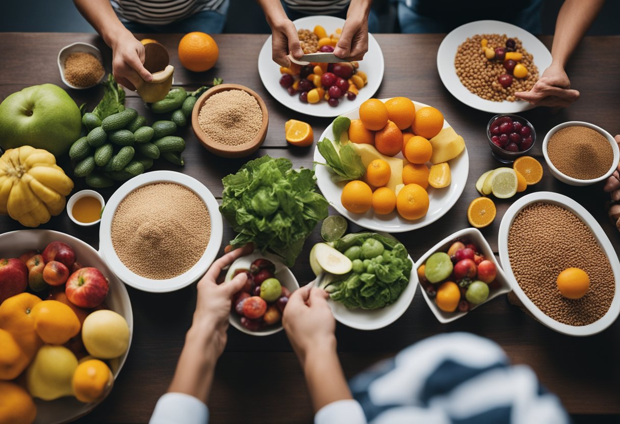 A person sitting at a table, surrounded by a variety of colorful fruits, vegetables, and whole grains. A smile on their face as they enjoy a balanced and nutritious meal