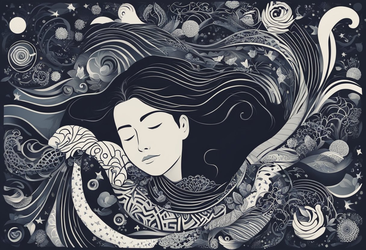 A person sleeping peacefully, surrounded by swirling, intertwining patterns representing the connection between mental and physical health