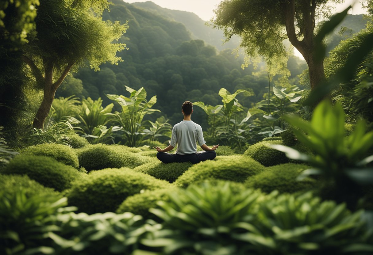 A tranquil setting with a person meditating in nature, surrounded by plants and natural elements, with a sense of peace and serenity