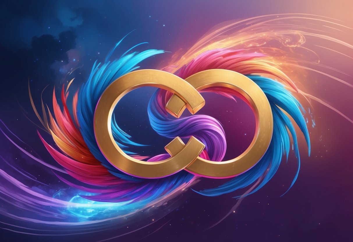 Two Gemini symbols entwined, surrounded by swirling air and vibrant colors