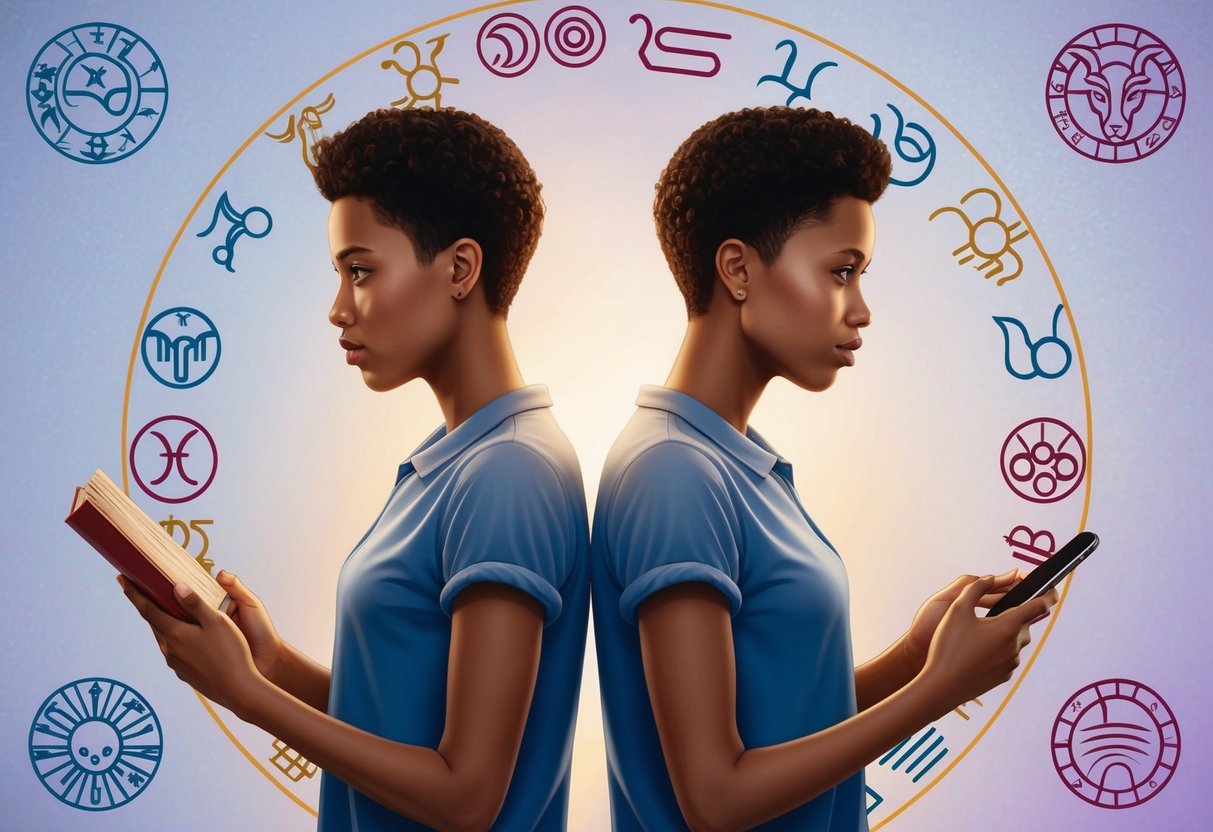 A pair of twins stand back-to-back, one holding a book and the other holding a smartphone, surrounded by a circle of zodiac symbols