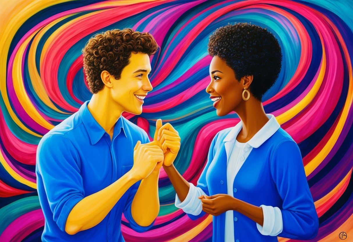 Two figures, representing Gemini signs, engaged in lively conversation amidst a backdrop of vibrant colors and swirling patterns